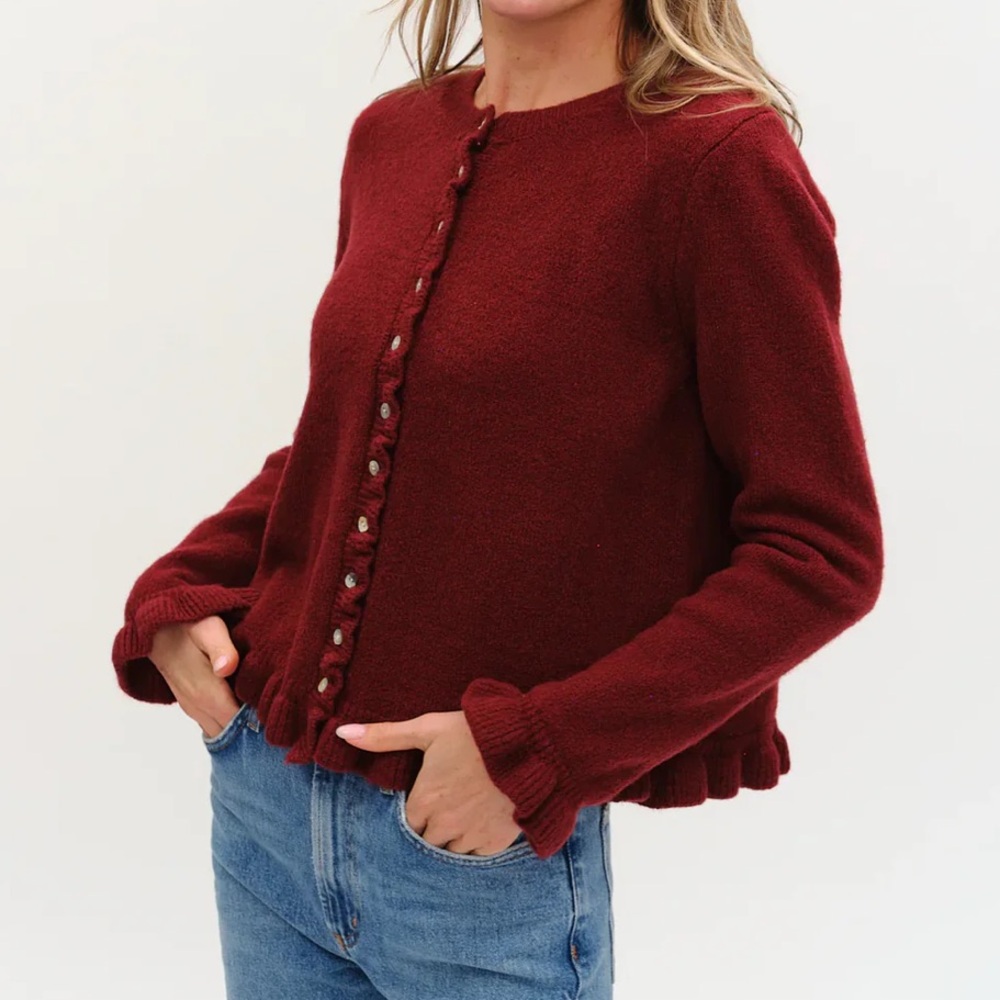 FROM PARIS FRANCE 🇫🇷 Burgundy Ruffle sleeves Button-Up Cardigan